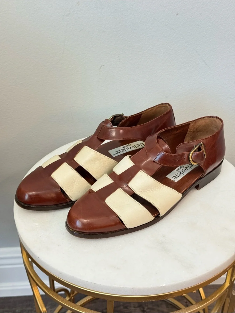 Belvedere Brown and Cream Leather Fisherman Loafers Sz 9
